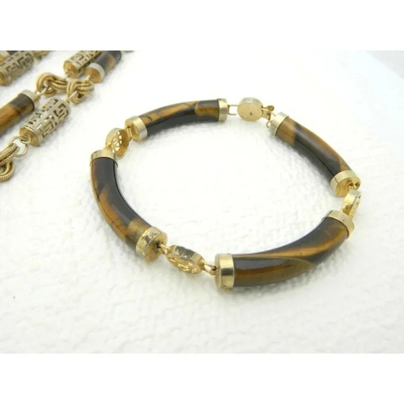 Genuine Real Tiger's Eye Gold Tone Asian Set - Picture 2 of 6